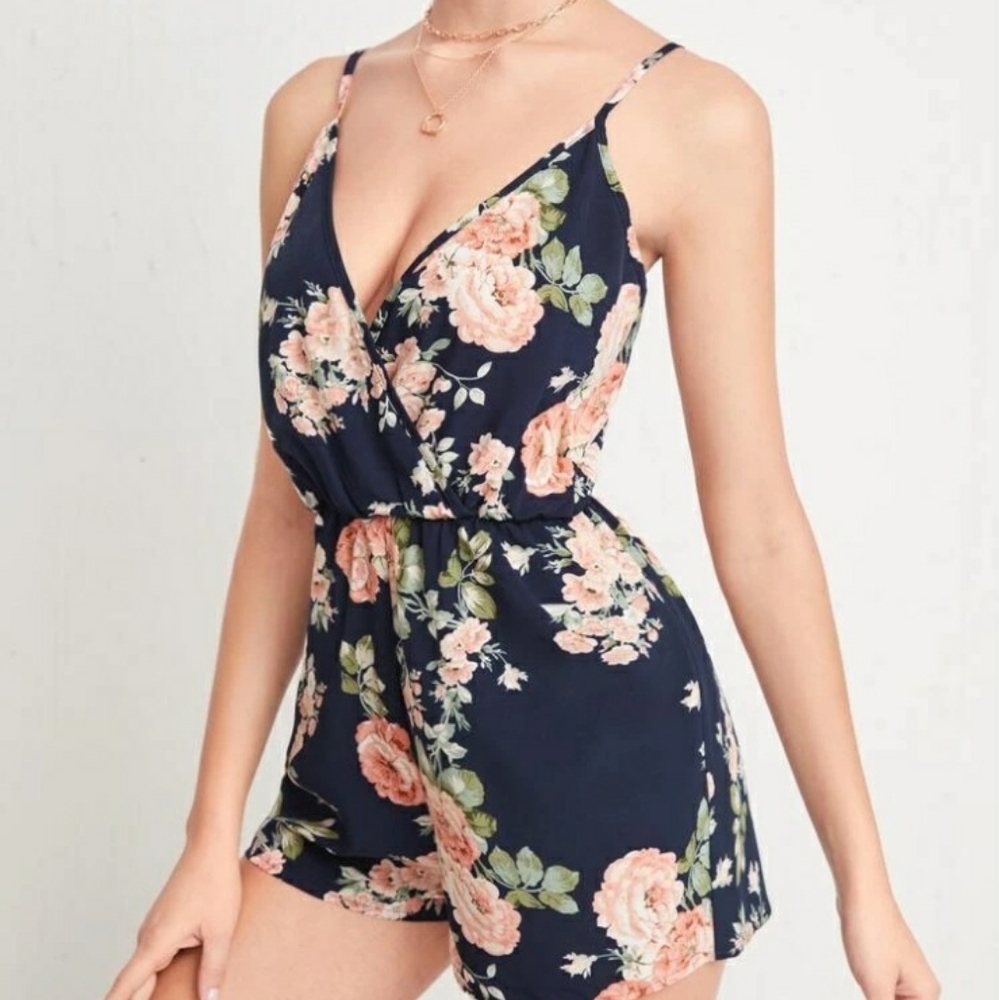 Blue and pink floral tropical spaghetti strap tank romper